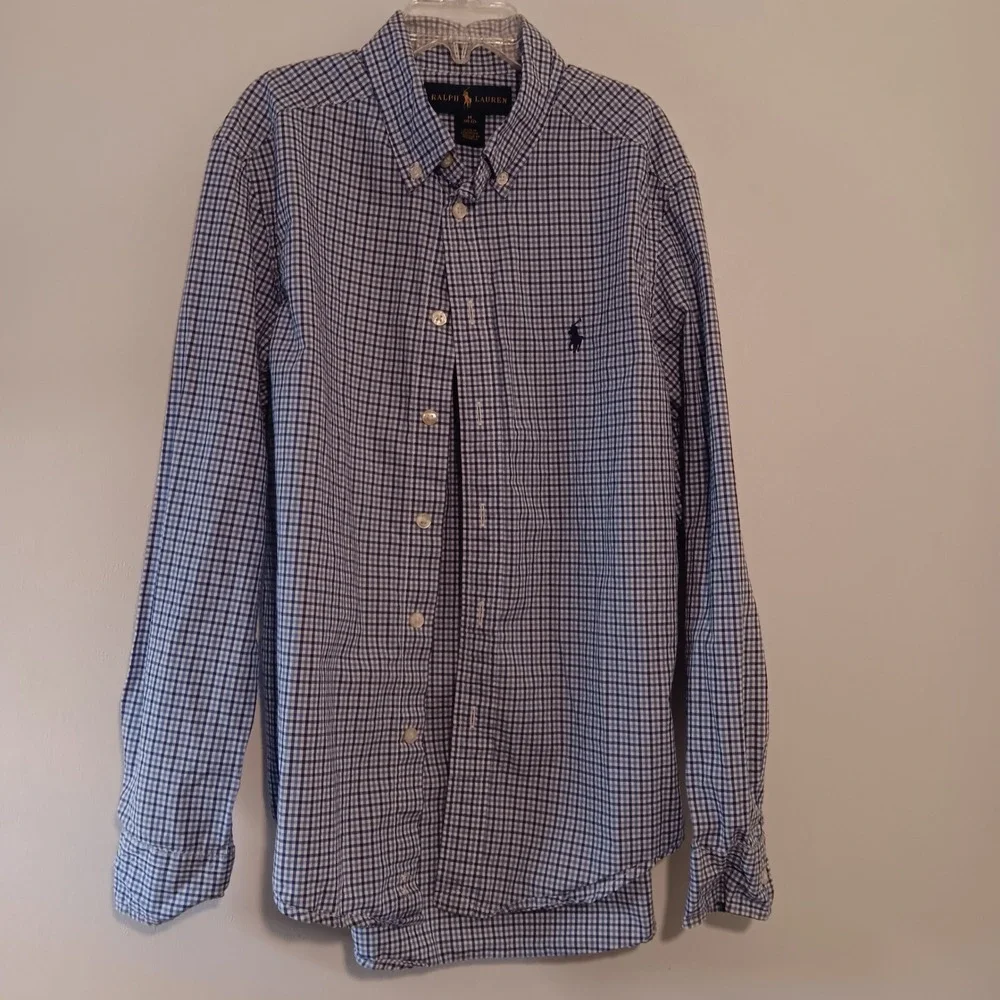 Ralph Lauren Boys Button Down‎ Shirt Blue White Gingham Check Size M (10-12)